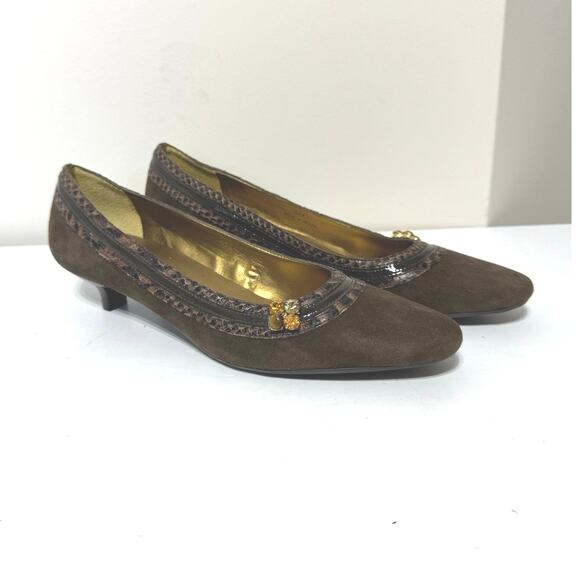 Talbots Women’s Brown Suede Jeweled Kitten Heel Snake Print Trim Shoes Size 8AA - Picture 1 of 12